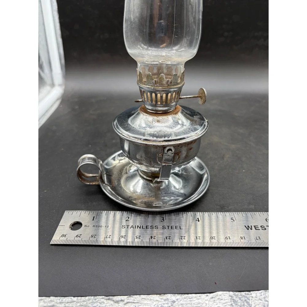 Vintage Miniature Chrome Oil Lamp with Glass Chimney Finger Hold Base